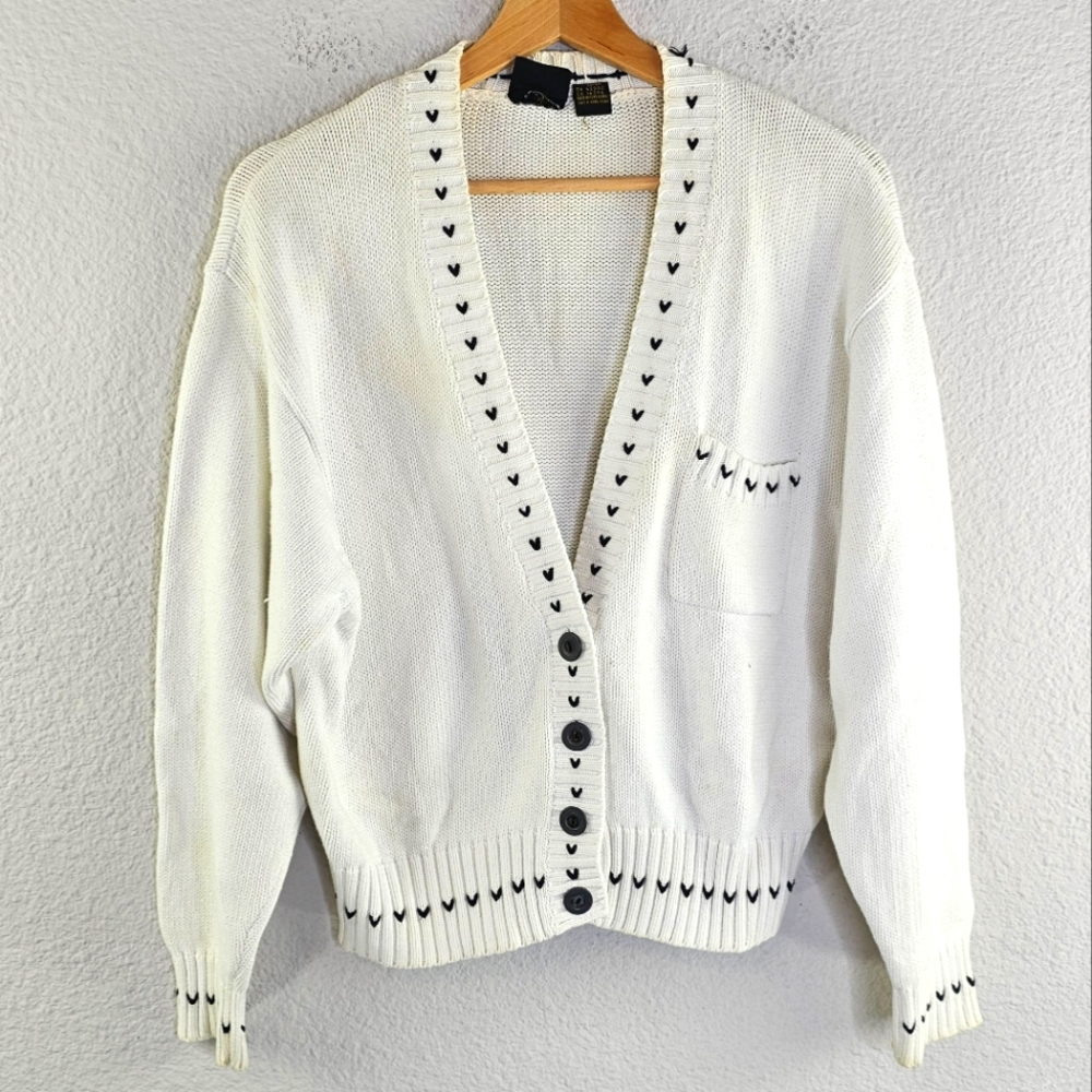 Liz Sport Vintage heart SWIFTIE knit white navy  button cardigan Large Petite
